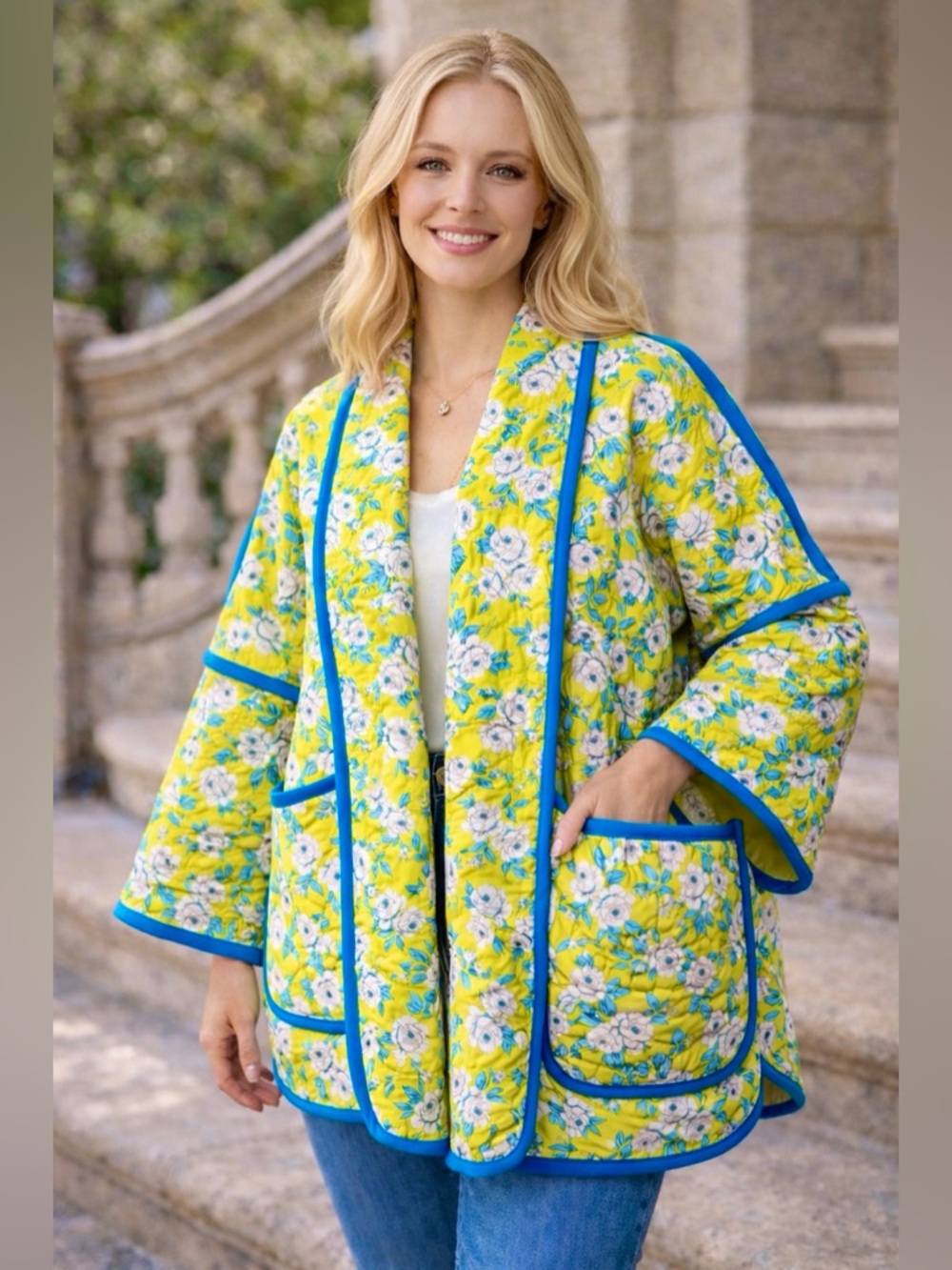 ๐งต HANDMADE (by me!) Floral Quilt Coat Jacket with Blue Trim M-XL - Picture 15 of 15
